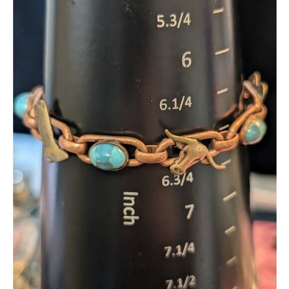 Bell Trading Post Turquoise Copper & Brass Cowboy Charms Link 7.25" Bracelet - Picture 2 of 6